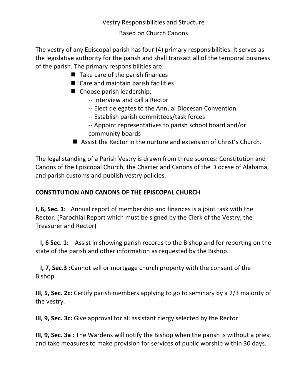 Vestry Responsibilities and Structure Based on Church Canons The