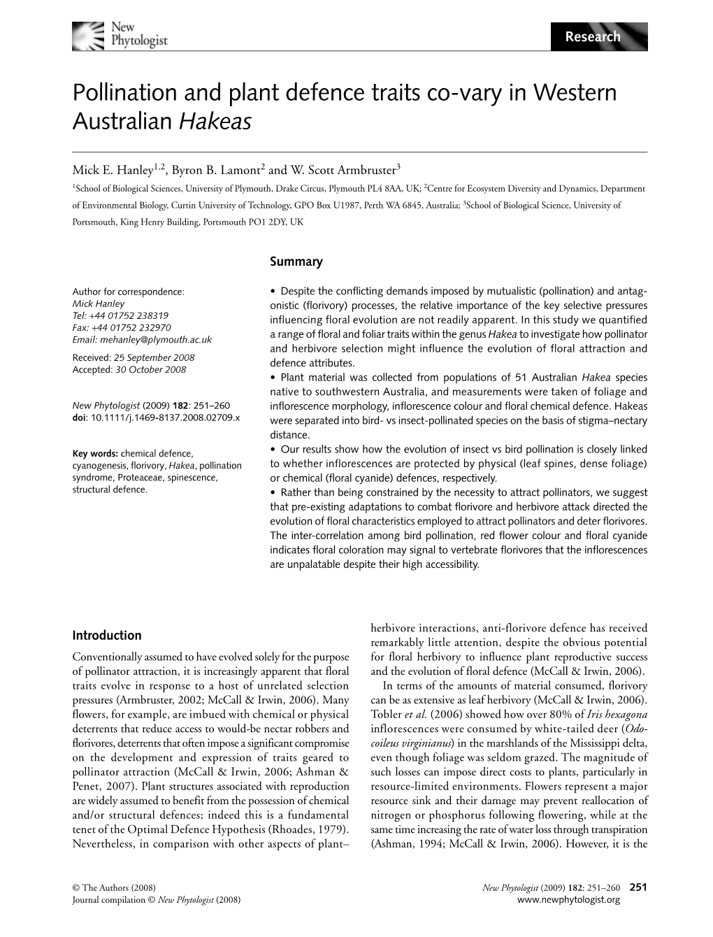 Pollination and Plant Defence Traits Covary in Western Australian Hakeas