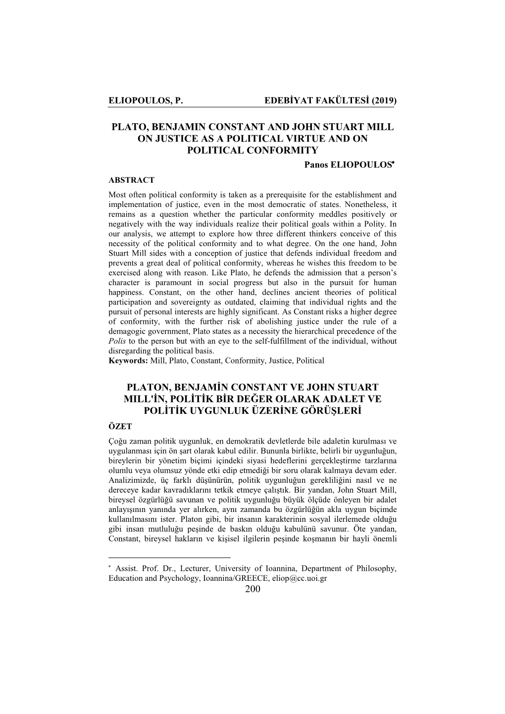 200 Plato, Benjamin Constant and John Stuart Mill on Justice As a Political Virtue and on Political Conformity Platon, Benjamin