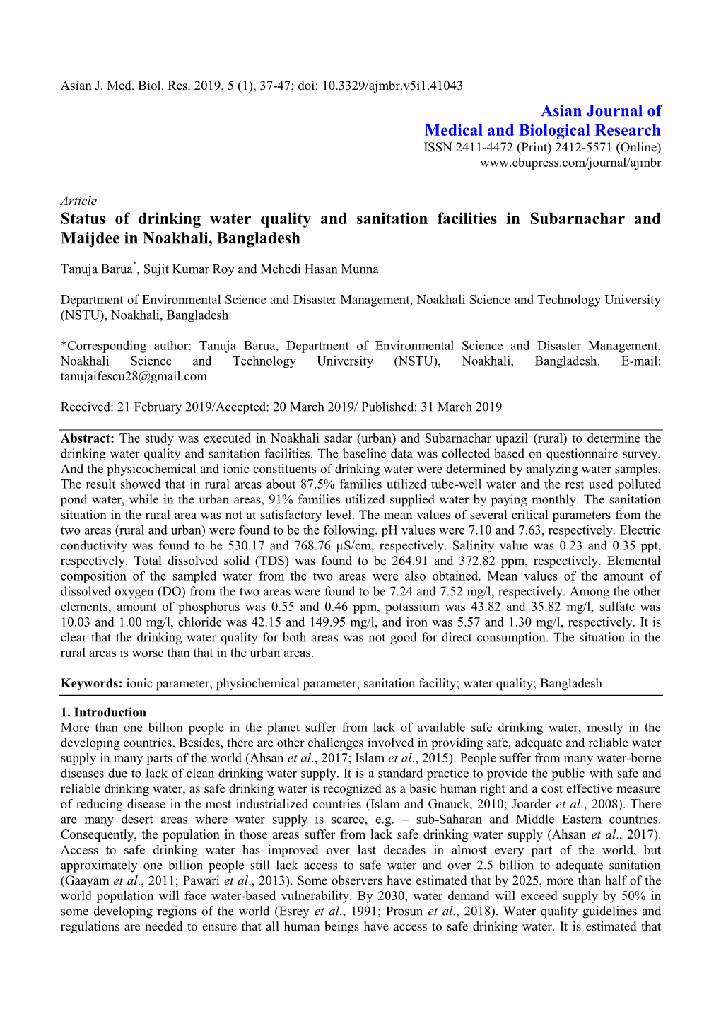 Asian Journal of Medical and Biological Research Status of Drinking Water Quality and Sanitation Facilities in Subarnachar and M