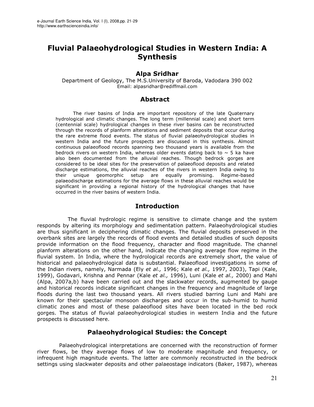 Fluvial Palaeohydrological Studies in Western India: a Synthesis