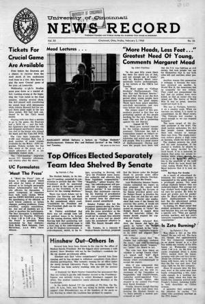 University of Cincinnati News Record. Friday, February 2, 1968. Vol. LV