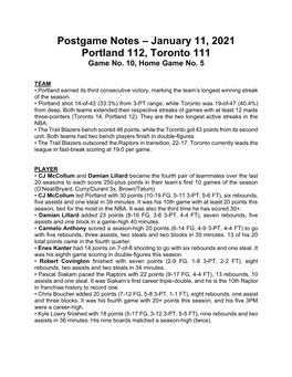 Postgame Notes – January 11, 2021 Portland 112, Toronto 111 Game No
