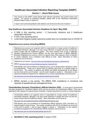 Healthcare Associated Infection Reporting Template (HAIRT) Section 1 – Board Wide Issues