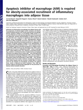 Apoptosis Inhibitor of Macrophage (AIM) Is Required for Obesity-Associated Recruitment of Inﬂammatory Macrophages Into Adipose Tissue