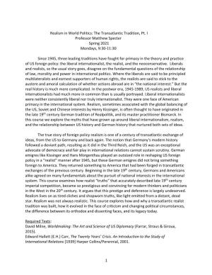 Realism in World Politics: the Transatlantic Tradition, Pt. I Professor Matthew Specter Spring 2021 Mondays, 9:30-11:30