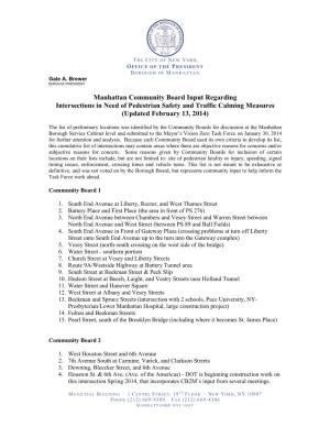 Manhattan Community Board Input Regarding Intersections in Need of Pedestrian Safety and Traffic Calming Measures (Updated February 13, 2014)