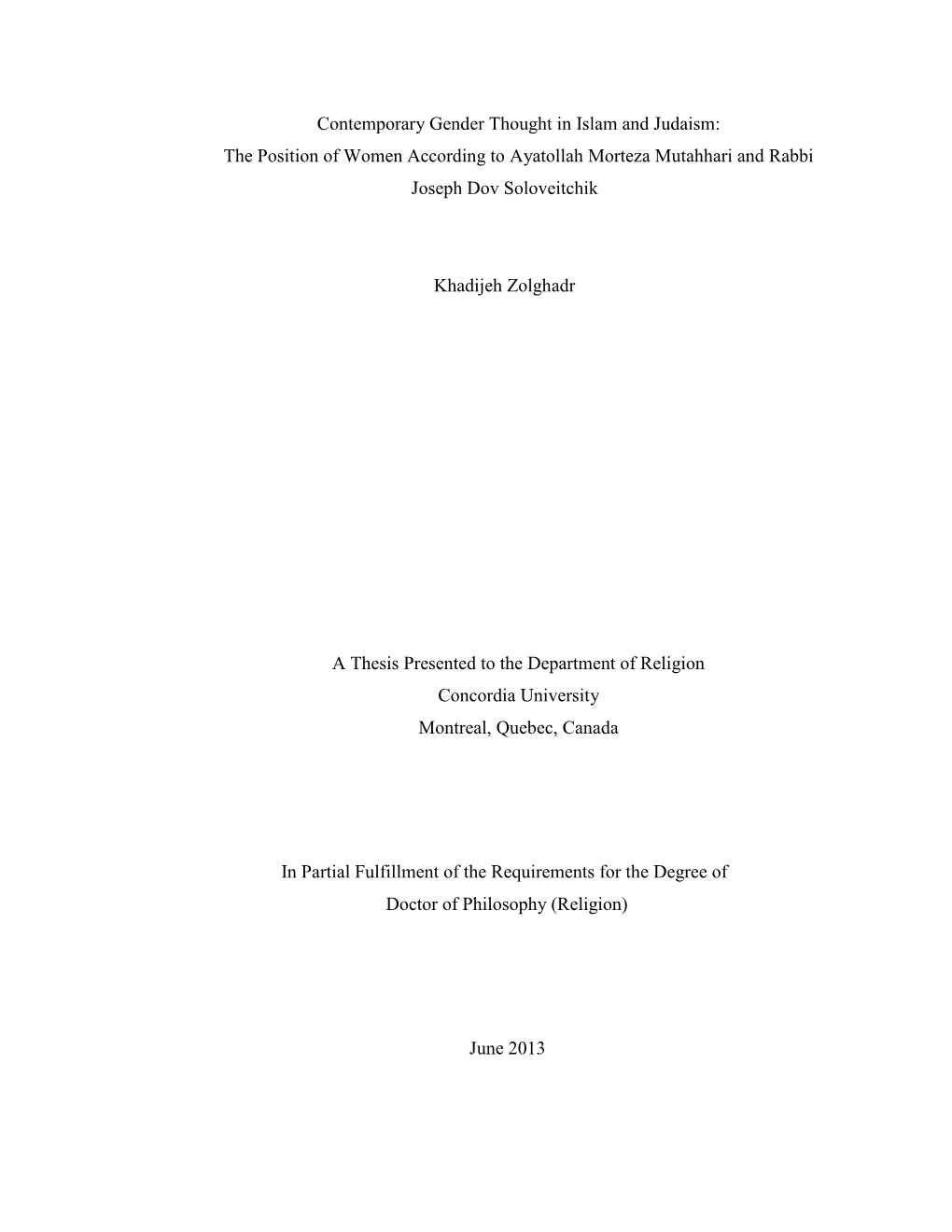 Contemporary Gender Thought in Islam and Judaism: the Position of Women According to Ayatollah Morteza Mutahhari and Rabbi Joseph Dov Soloveitchik