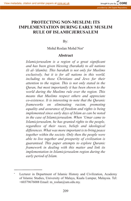 Protecting Non-Muslim: Its Implementation During Early Muslim Rule of Islamicjerusalem