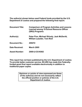 Comparison of Program Activities and Lessons Learned Among 19 School Resource Officer (SRO) Programs