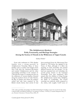 The Adolphustown Quakers: Faith, Community, and Marriage Strategies Among the Society of Friends in the Wilderness of Upper Canada