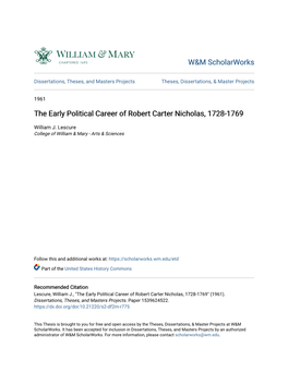 The Early Political Career of Robert Carter Nicholas, 1728-1769