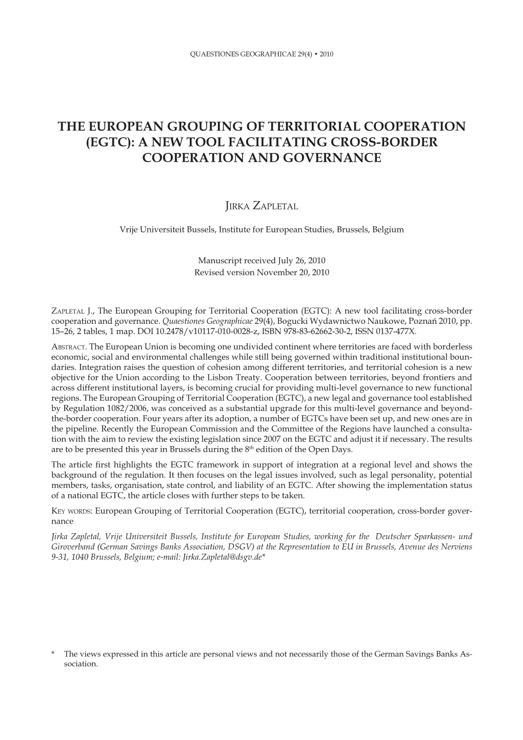 The European Grouping of Territorial Cooperation (EGTC): a New Tool