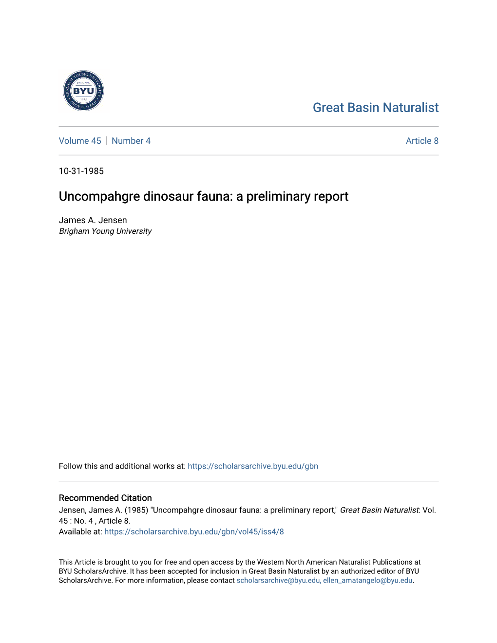 Uncompahgre Dinosaur Fauna: a Preliminary Report