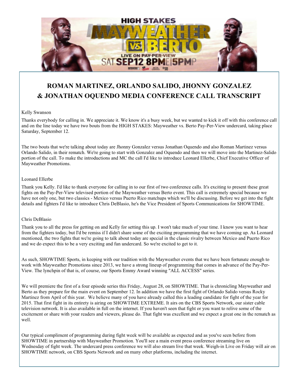 Roman Martinez, Orlando Salido, Jhonny Gonzalez & Jonathan Oquendo Media Conference Call Transcript