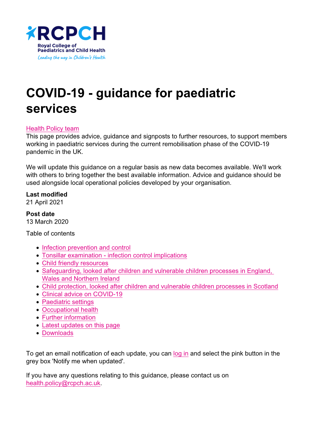 COVID-19 - Guidance for Paediatric Services