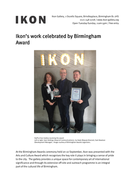 Ikon's Work Celebrated by Birmingham Award