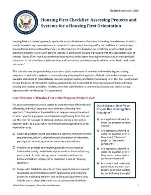 Housing First Checklist: Assessing Projects and Systems for a Housing First Orientation