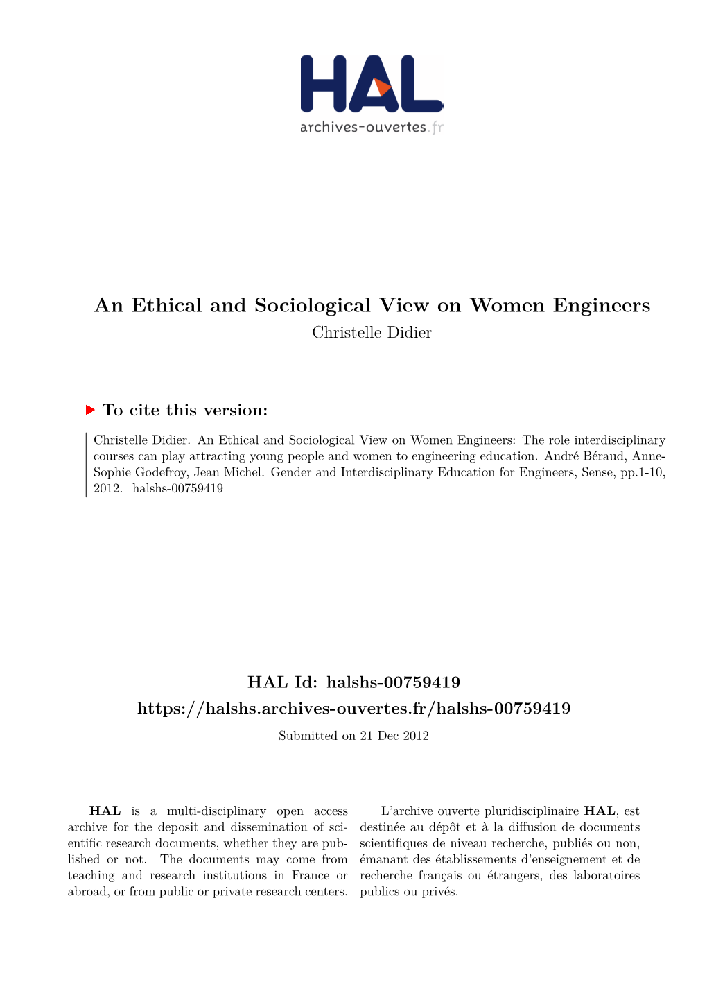 An Ethical and Sociological View on Women Engineers Christelle Didier