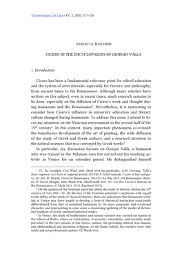 CICERO in the ENCYCLOPAEDIA of GIORGIO VALLA 1. Introduction Cicero Has Been a Fundamental Reference Point for School Education