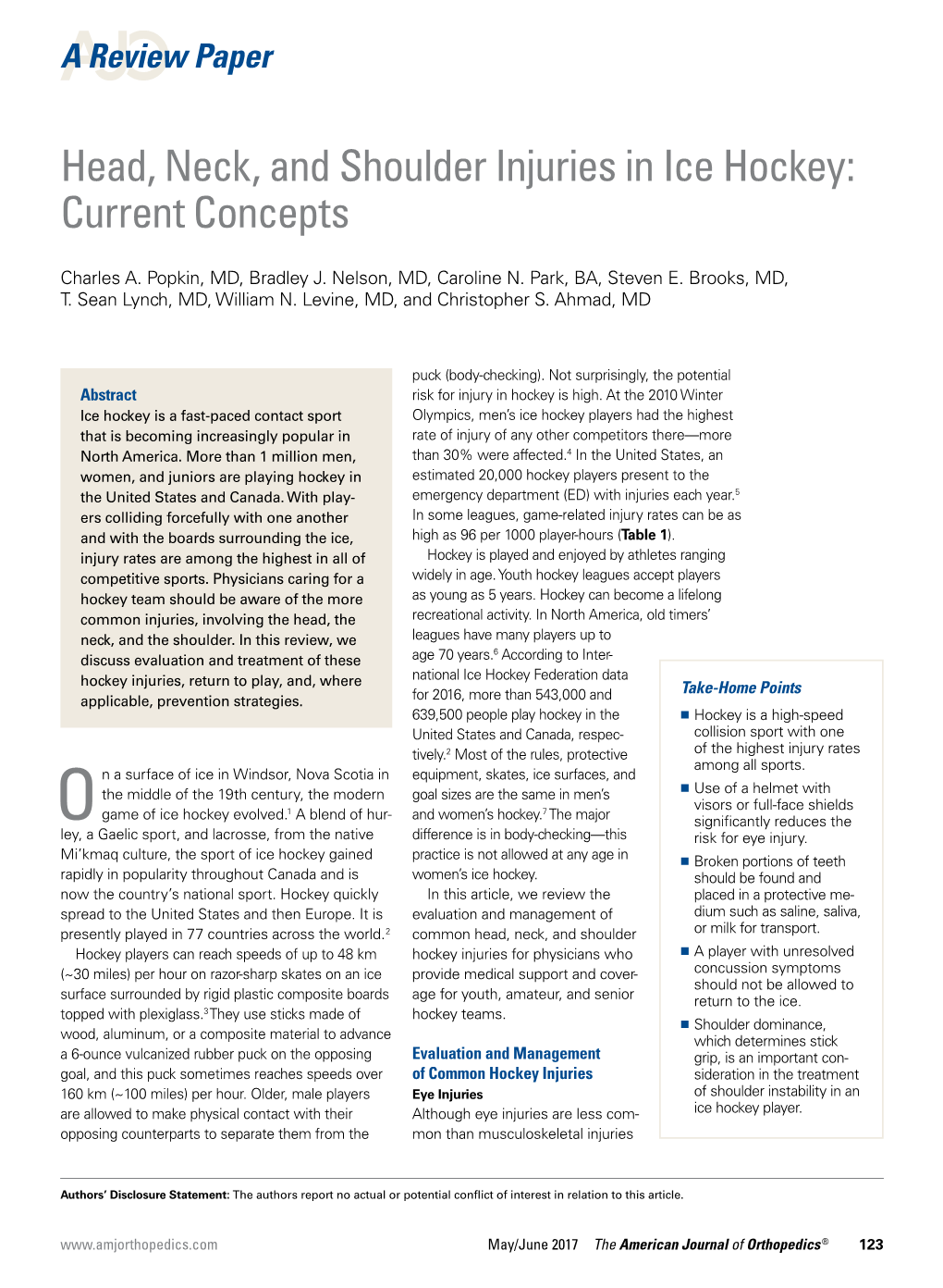 Head, Neck, and Shoulder Injuries in Ice Hockey: Current Concepts