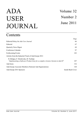 Ada User Journal 66 Editorial 67 Quarterly News Digest 69 Conference Calendar 97 Forthcoming Events 103 Articles from the Industrial Track of Ada-Europe 2011 R