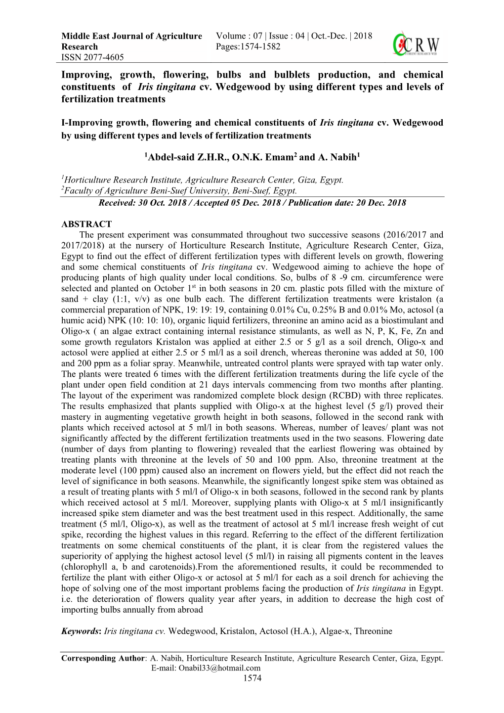 Improving, Growth, Flowering, Bulbs and Bulblets Production, and Chemical Constituents of Iris Tingitana Cv