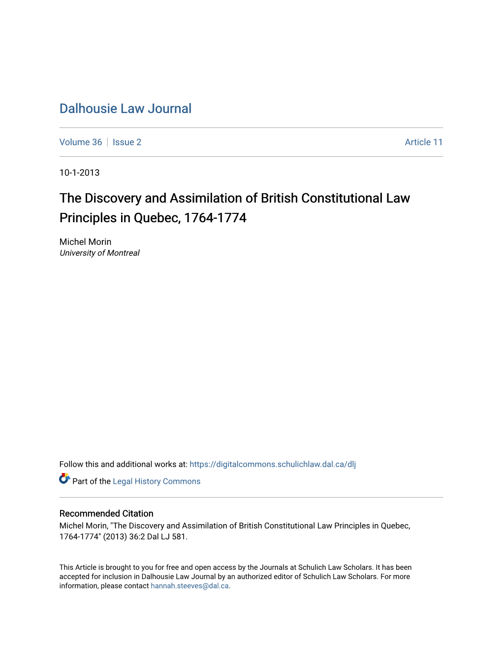 The Discovery and Assimilation of British Constitutional Law Principles in Quebec, 1764-1774
