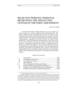Believing Persons, Personal Believings: the Neglected Center of the First Amendment