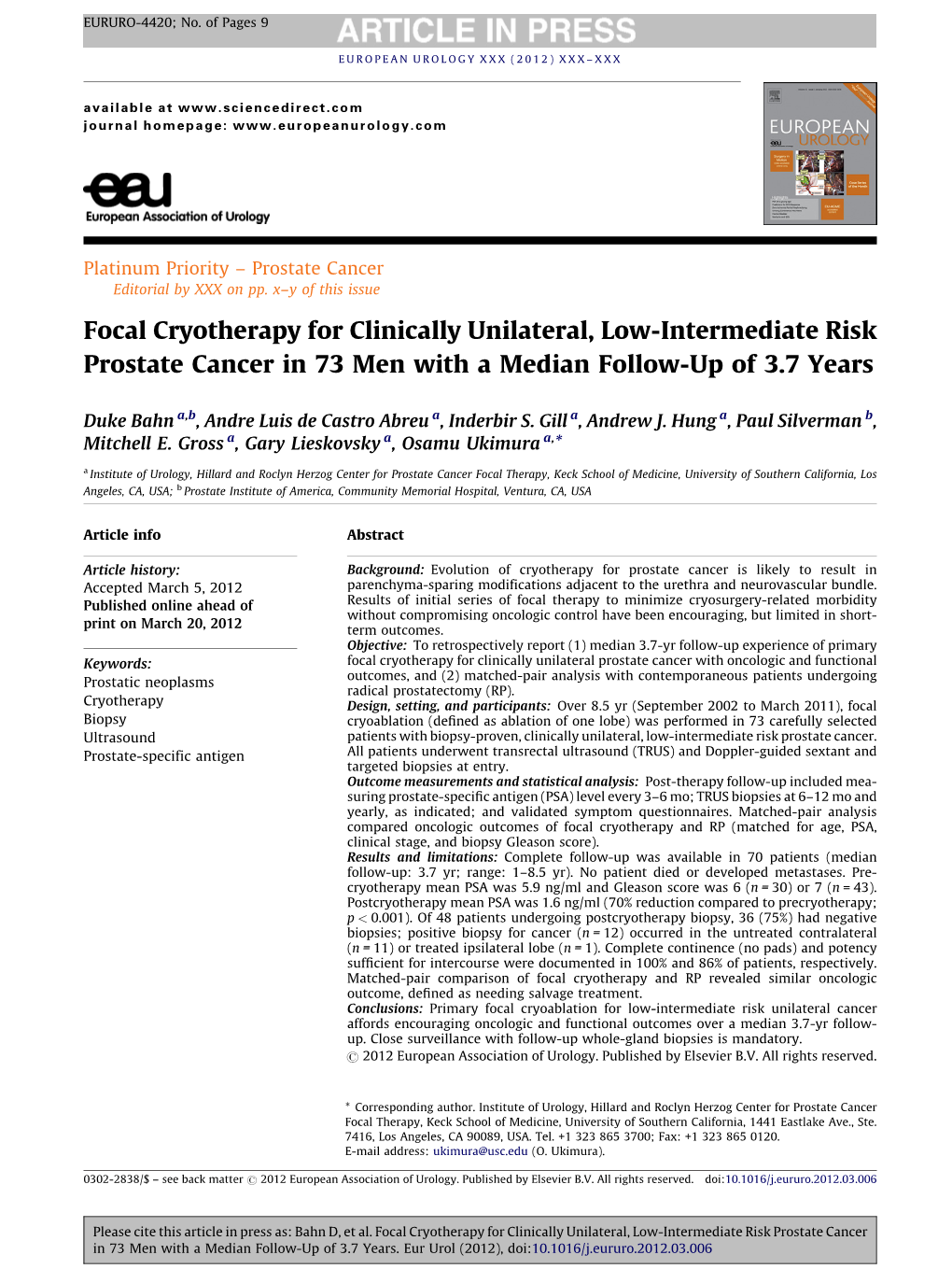 Focal Cryotherapy for Clinically Unilateral, Low-Intermediate Risk