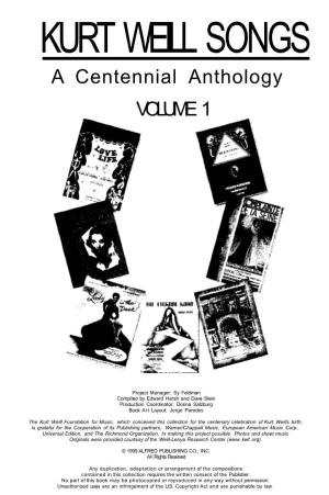 KURT WEILL SONGS a Centennial Anthology VOLUME 1