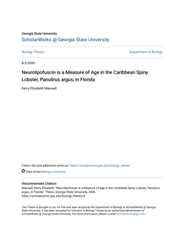 Neurolipofuscin Is a Measure of Age in the Caribbean Spiny Lobster, Panulirus Argus, in Florida