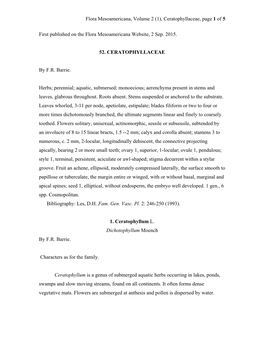 Ceratophyllaceae, Page 1 of 5 First Published on the Flora Mesoamericana Website, 2 Sep. 2015