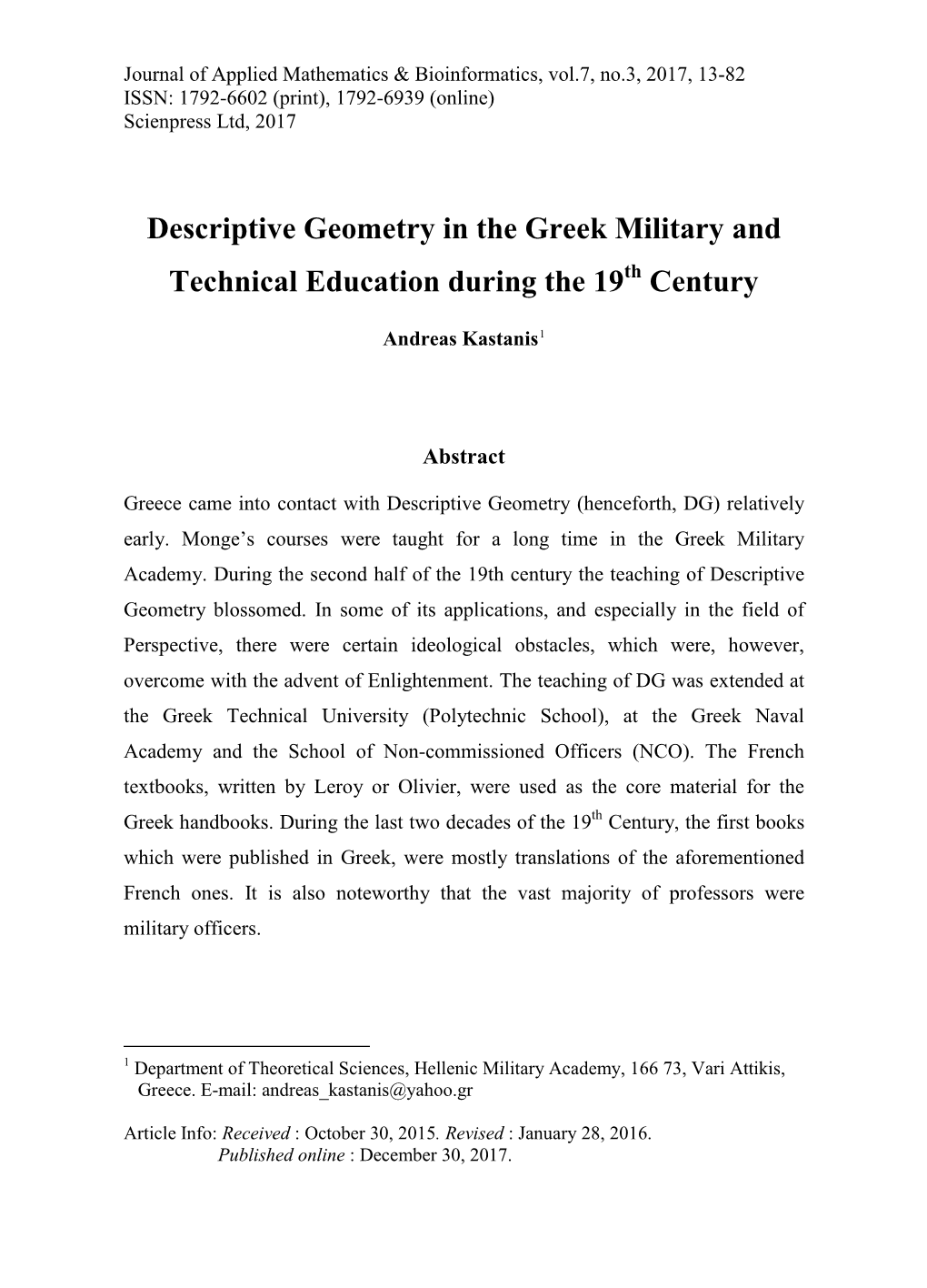 The Parastatiki GEOMETRY in GREEK EDUCATION of 19TH