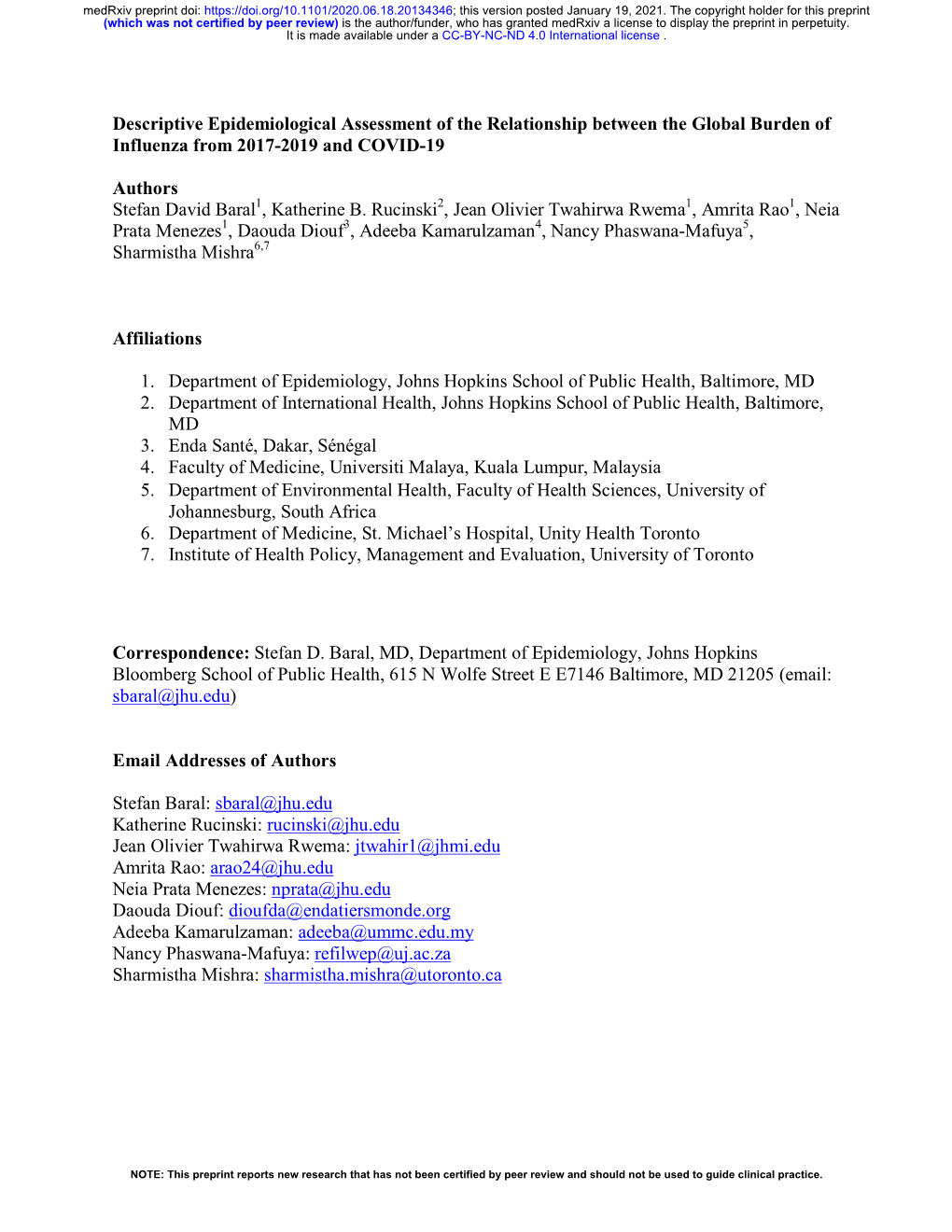 Descriptive Epidemiological Assessment of the Relationship Between the Global Burden of Influenza from 2017-2019 and COVID-19