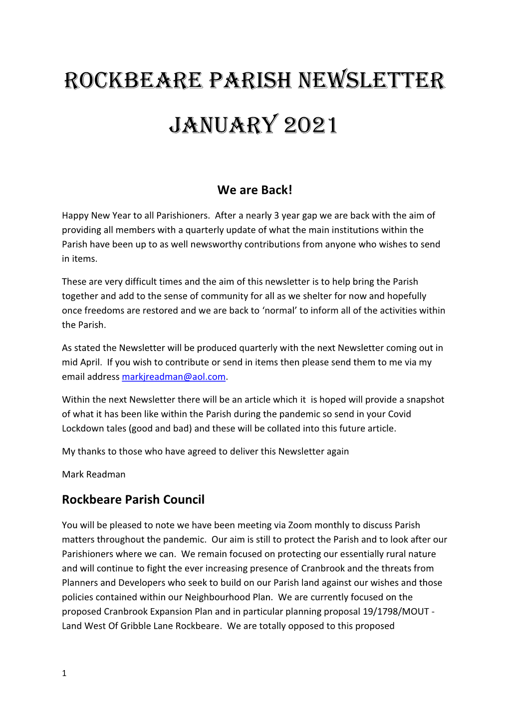 ROCKBEARE PARISH NEWSLETTER January 2021