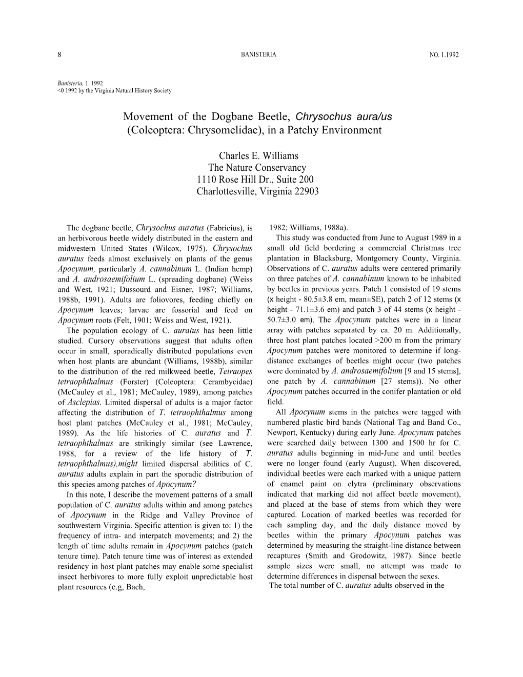 Movement of the Dogbane Beetle, Chrysochus Aura/Us (Coleoptera: Chrysomelidae), in a Patchy Environment