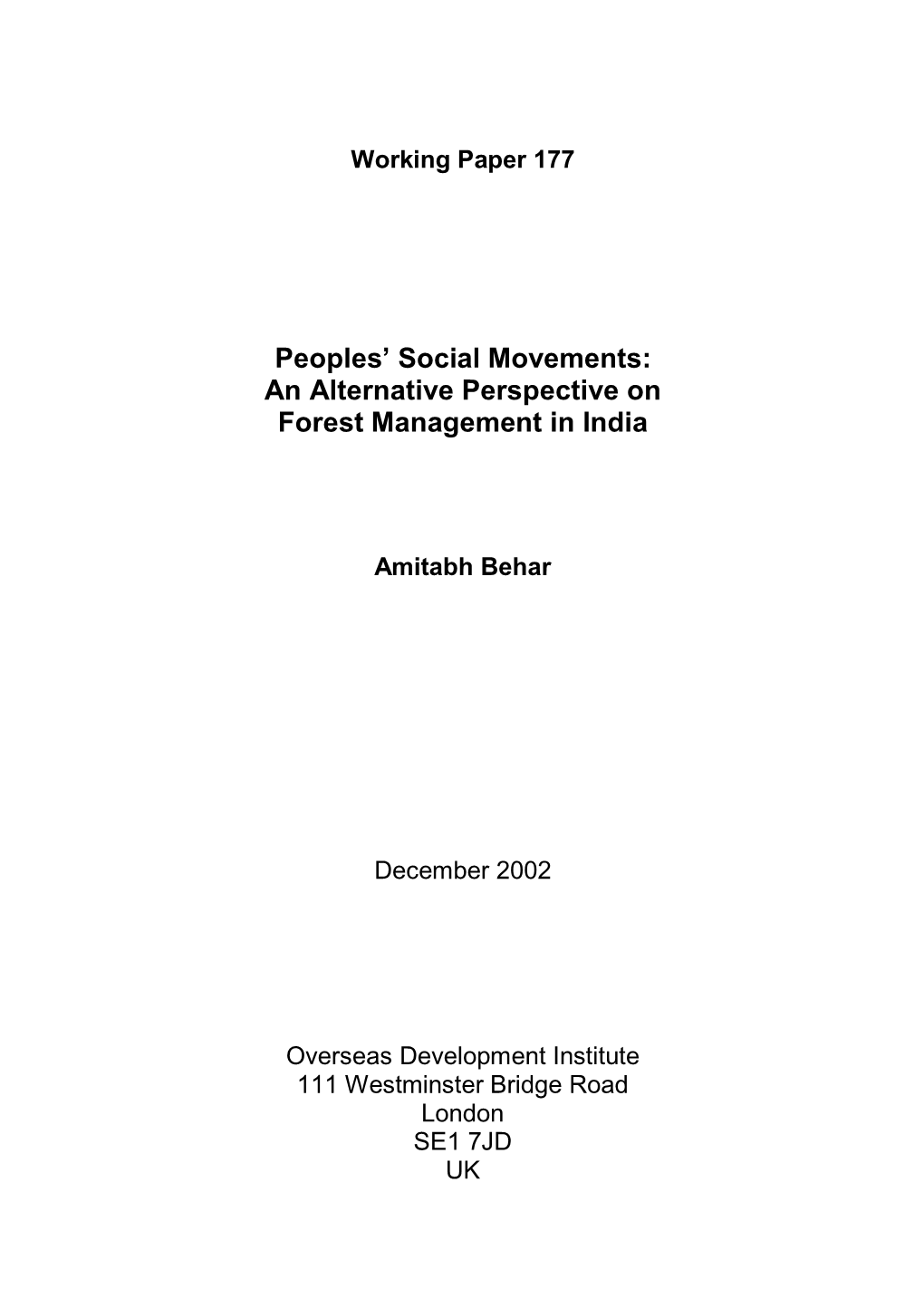 Peoples' Social Movements: an Alternative Perspective on Forest