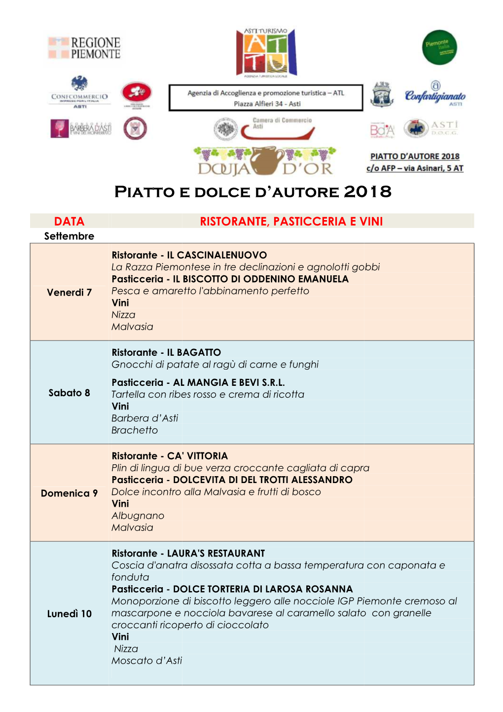 Piatto E Dolce D'autore 2018