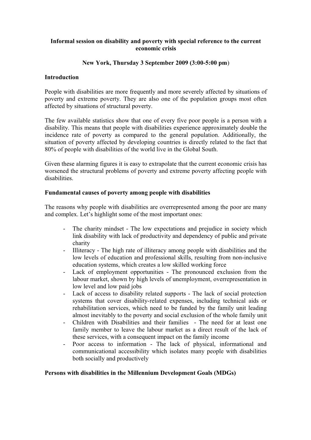 Sesión Informal Sobre Discapacidad Y Pobreza Con Referencia Especial a La Actual Crisis