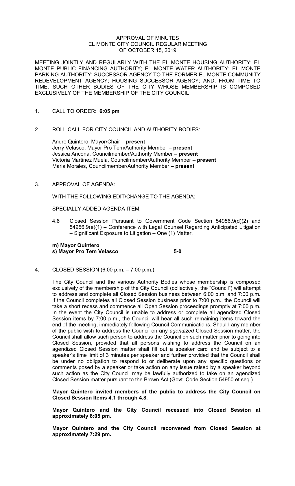 Approval of Minutes El Monte City Council Regular Meeting of October 15, 2019