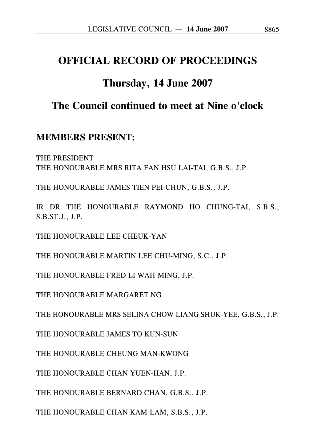 OFFICIAL RECORD of PROCEEDINGS Thursday, 14 June