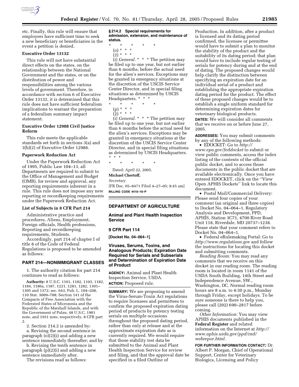 Federal Register/Vol. 70, No. 81/Thursday, April 28, 2005