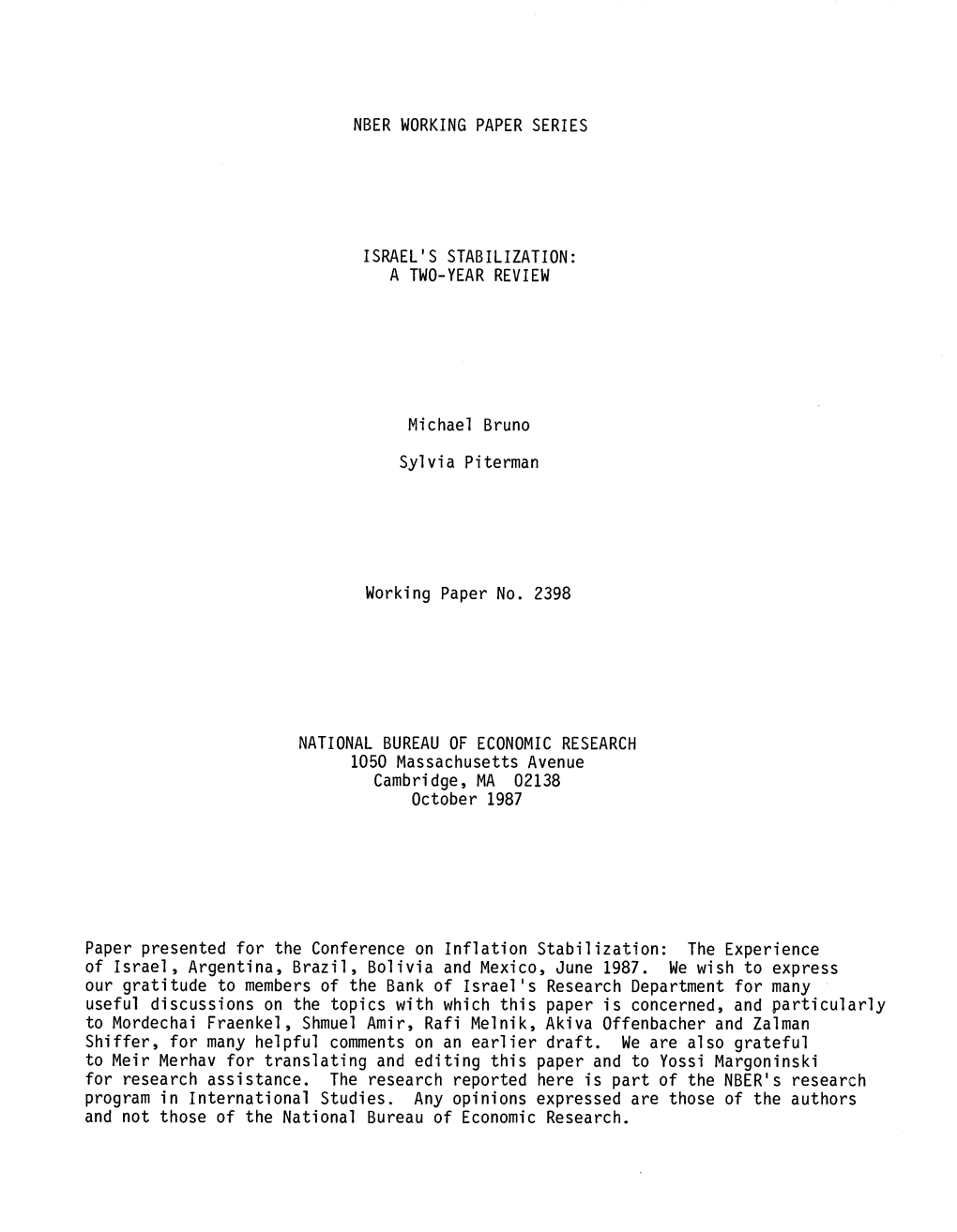 NBER WORKING PAPER SERIES a TWO-YEAR REVIEW Michael