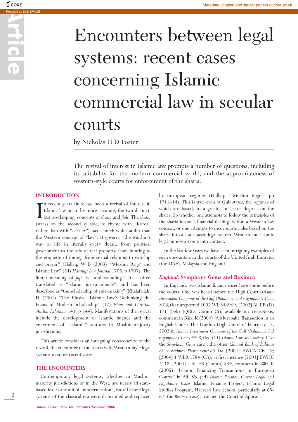 Recent Cases Concerning Islamic Commercial Law in Secular Courts by Nicholas H D Foster