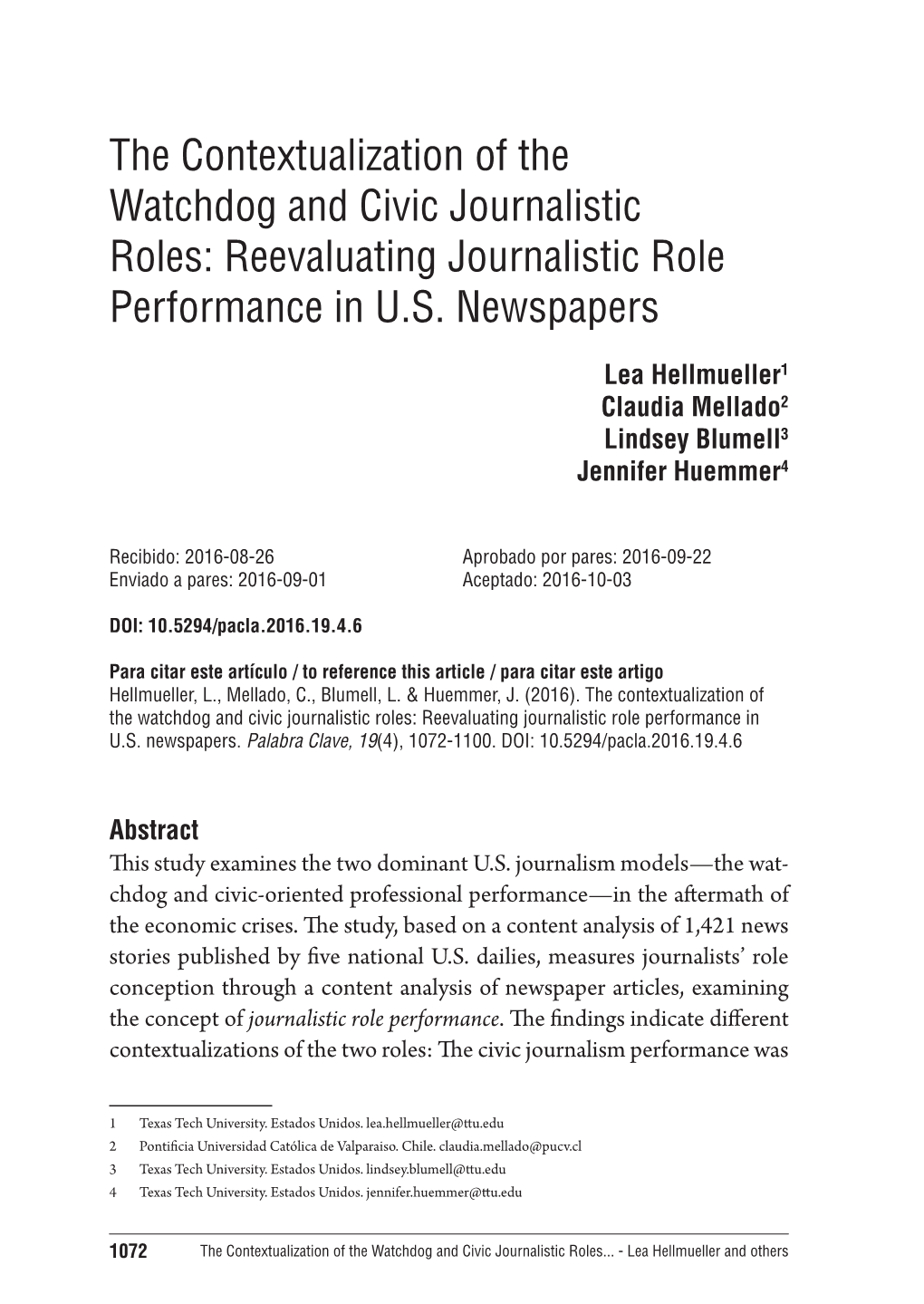 The Contextualization of the Watchdog and Civic Journalistic Roles: Reevaluating Journalistic Role Performance in U.S