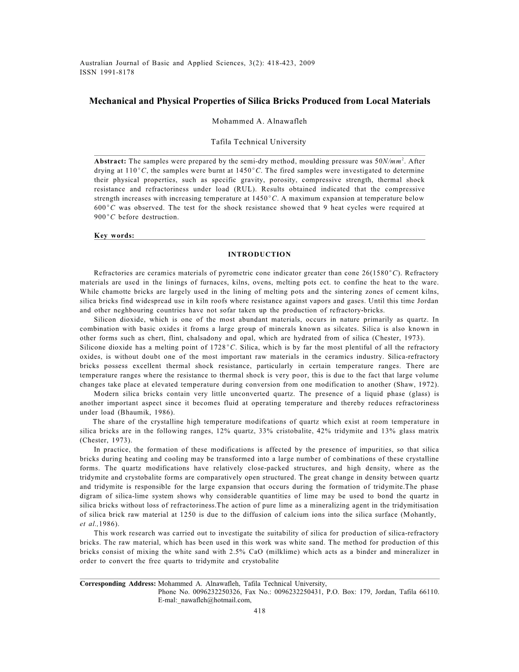 Mechanical and Physical Properties of Silica Bricks Production From