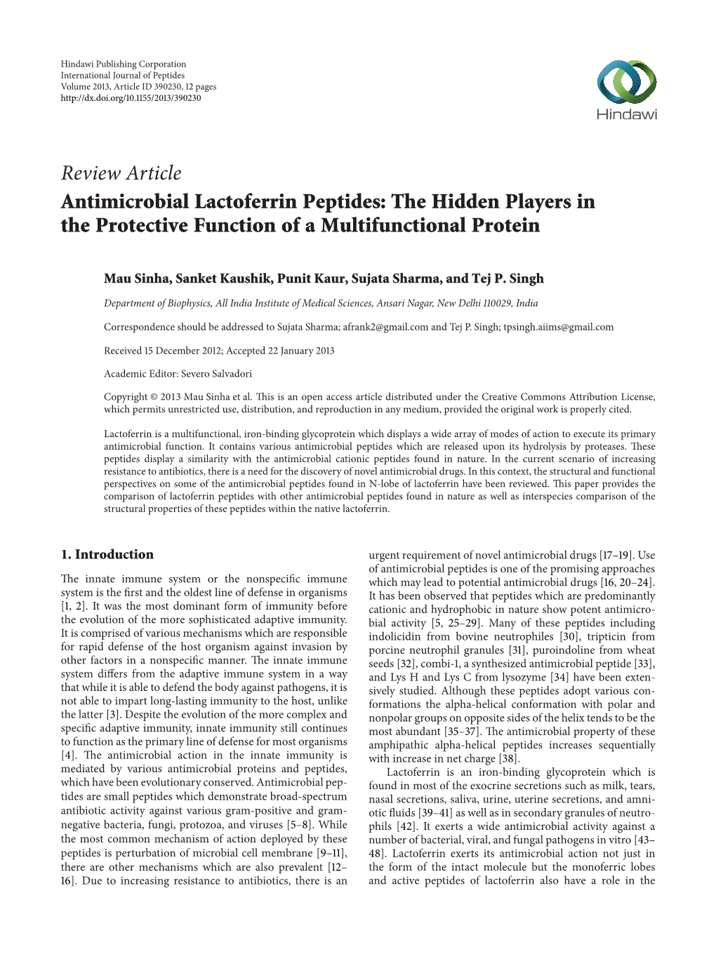 Review Article Antimicrobial Lactoferrin Peptides: the Hidden Players in the Protective Function of a Multifunctional Protein