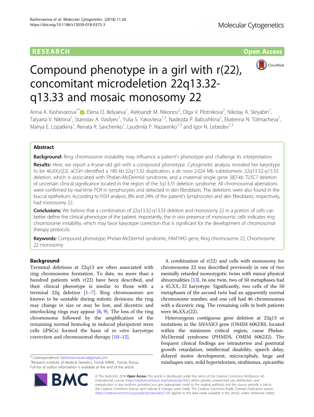 Compound Phenotype in a Girl with R(22), Concomitant Microdeletion 22Q13.32- Q13.33 and Mosaic Monosomy 22 Anna A