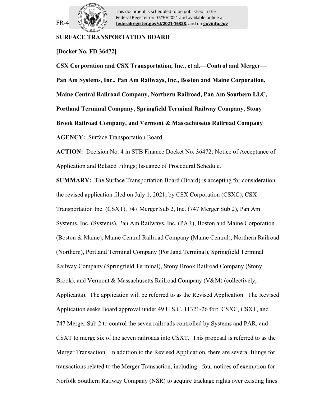 [Docket No. FD 36472] CSX Corporation And